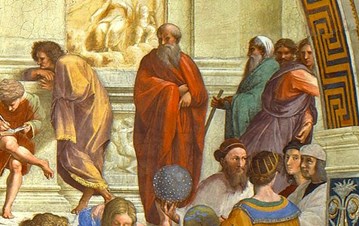 A colourful painting with some greek philosophers listening and discussing the ideas with people, in a hall with partly visible semi-circle shaped dome.