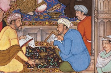 A colourful image of some men sitting in turban and discussing something 