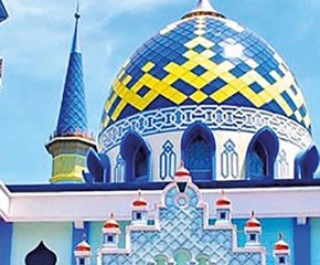 Image of the Tuban Mosque in blue and yellow colours